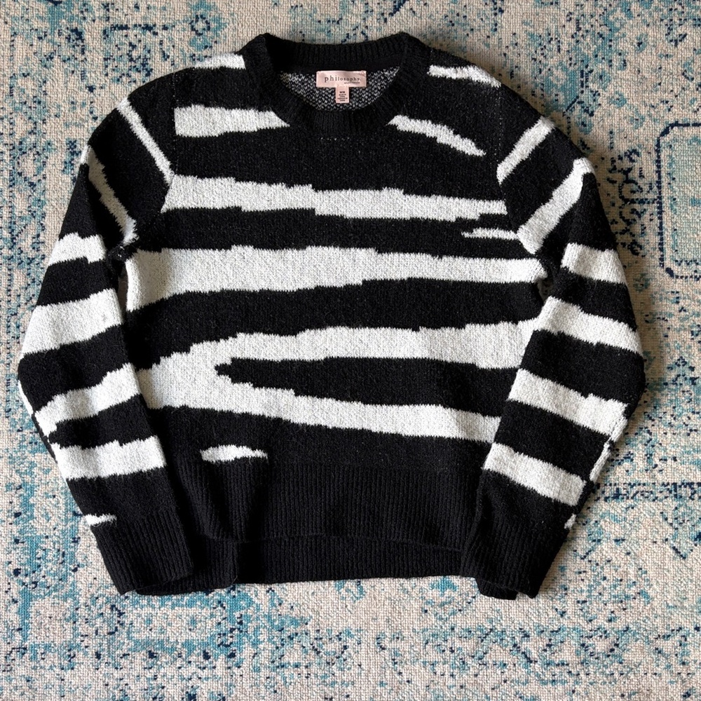 Philosophy Black & White Striped Crewneck Sweater